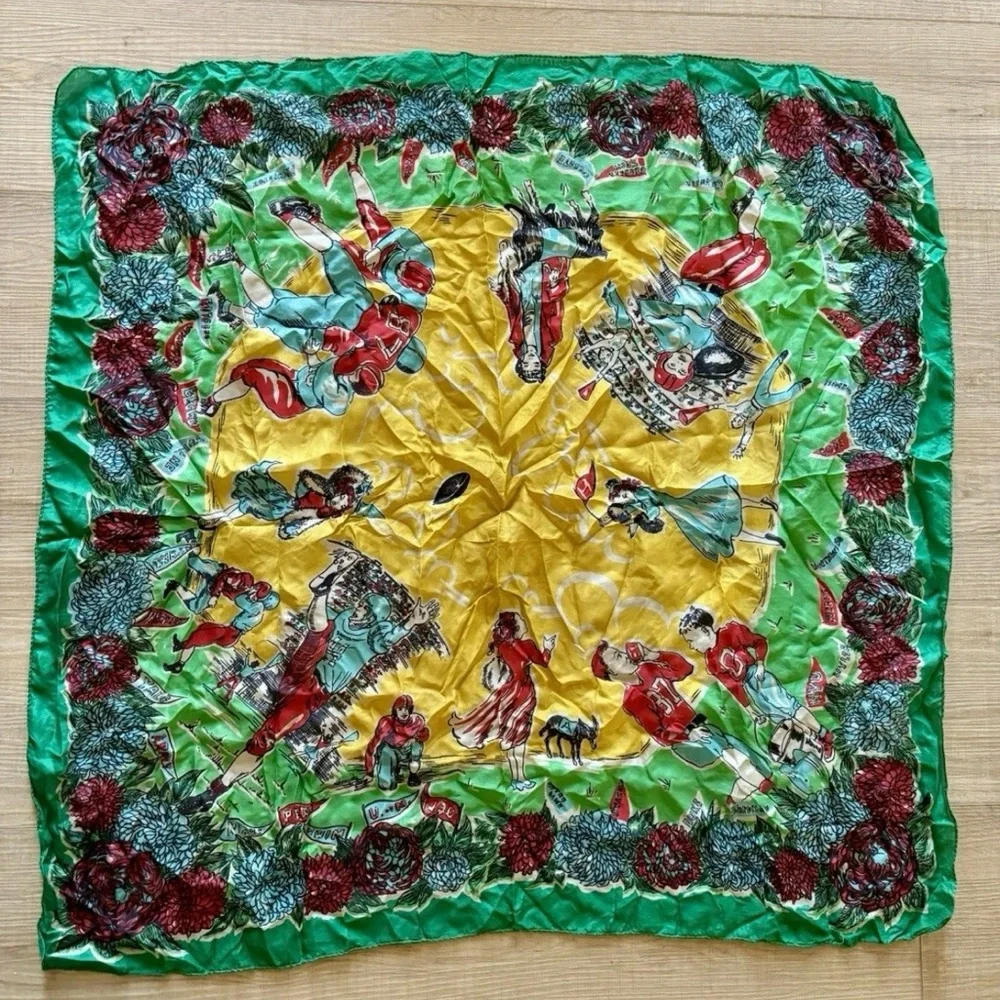 Vintage 1950s Silk College Football Scarf - Floral Border (many teams featured) - Picture 2 of 7